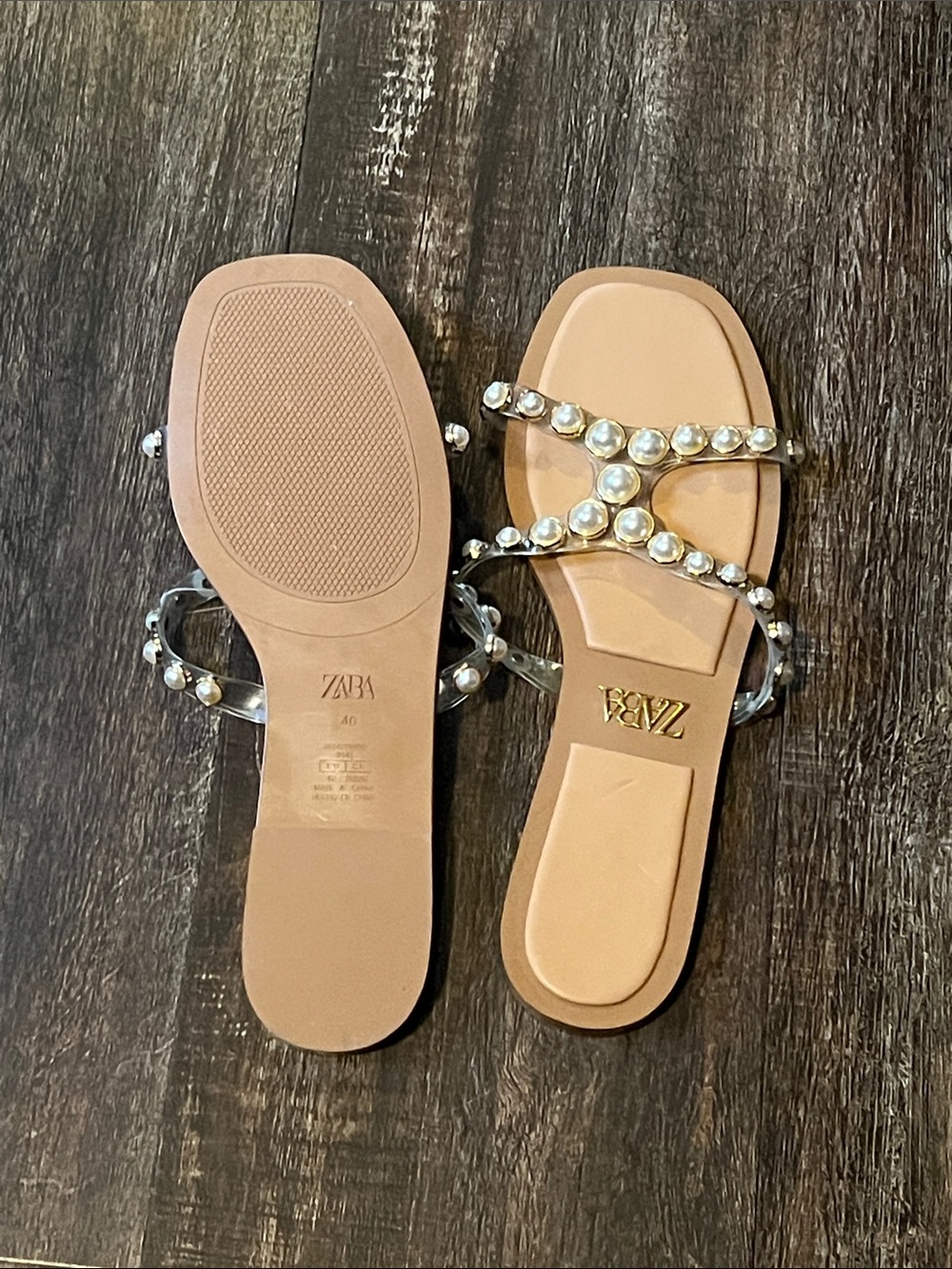 ZARA Pearl-Strap Tan Slide Sandals - Picture 5 of 5